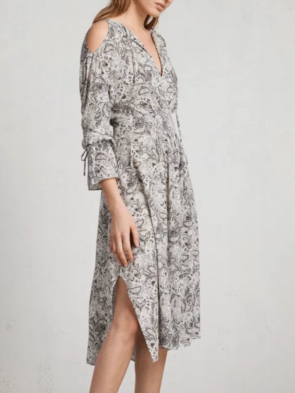 All Saints V-Neck Paisley Cold Shoulder 3/4 Sleeve Smock Boho Midi Dress Grey, M